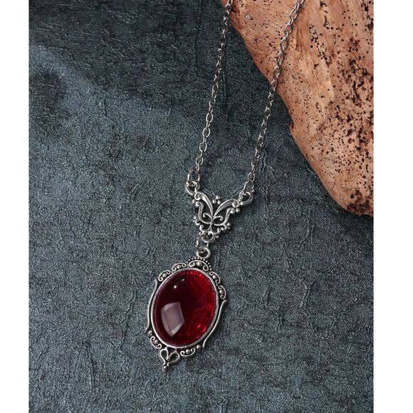 Silver Victorian Style Oval Red Quartz Pendant Necklace Large Crystal Goth New - Picture 3 of 4